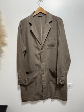 Zara Brown 100% Linen Rustic Relaxed Utility Long Coat Size Large Front Button